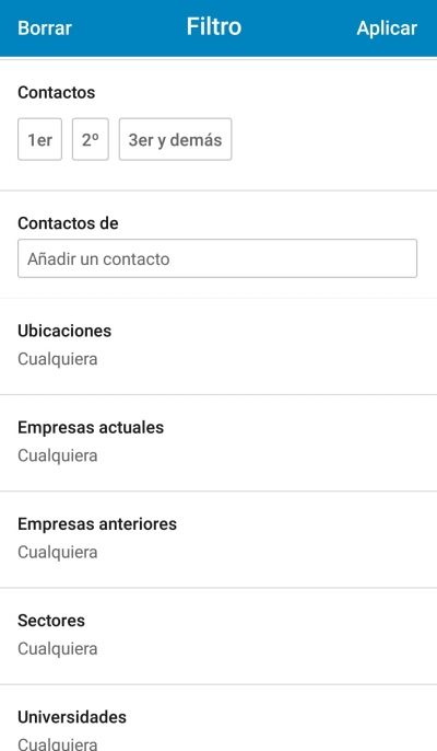 LinkedIn App - Pantalla con los filtros de búsqueda